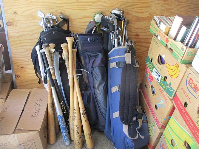Multi family tons of books, Halloween costumes, Golf photo